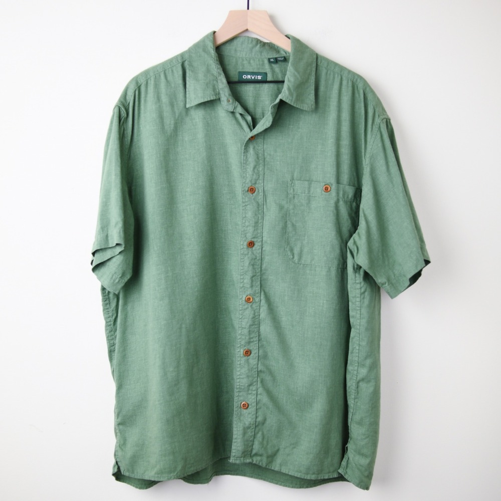 Orvis Hemp Shirt Mens XL Tencel Button Down Green Short Sleeve Casual Top